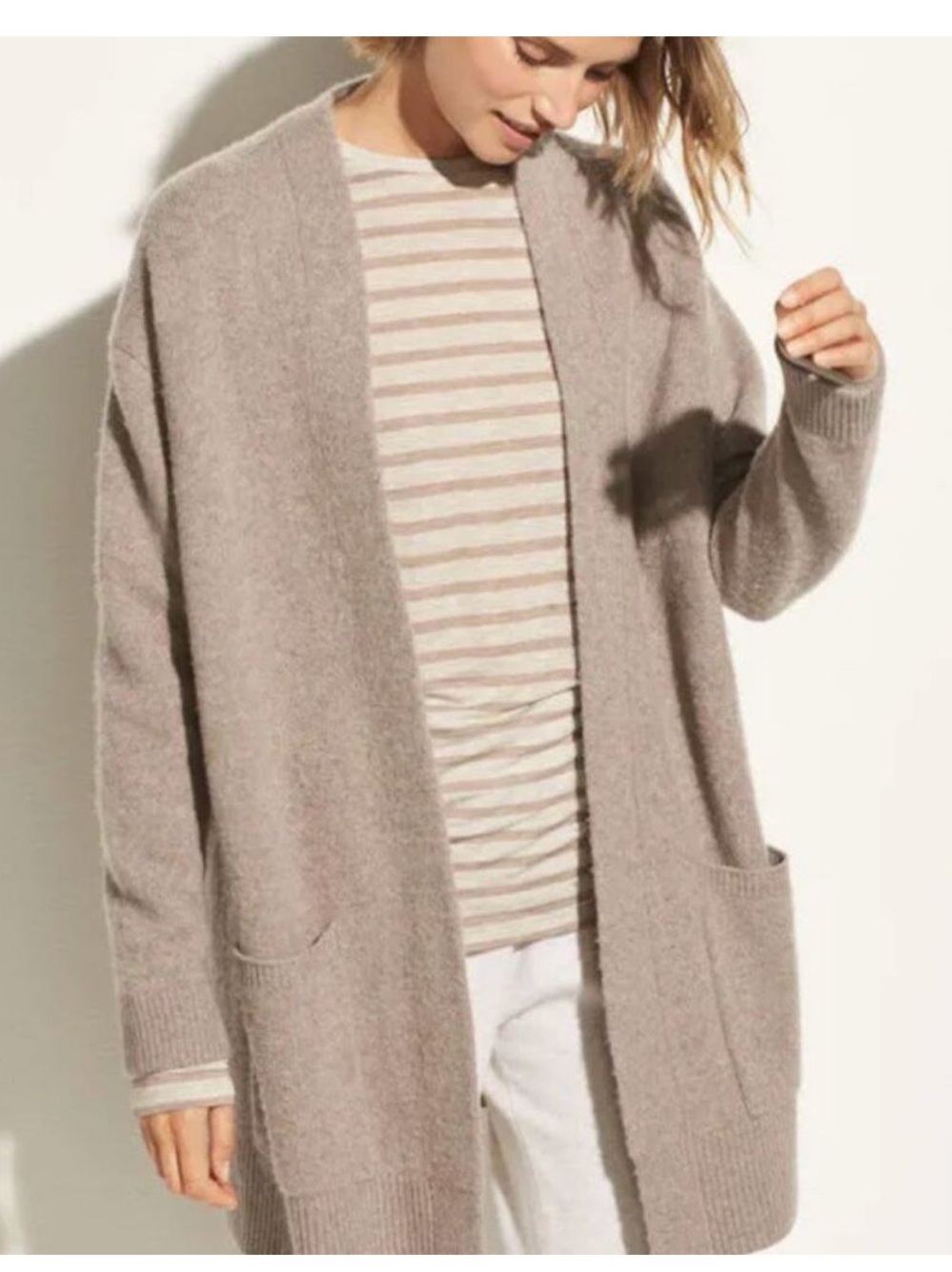Vince Luxe Heathered Taupe Cashmere Patch Pocket Cardigan Sweater